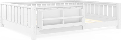 Bellemave Full Size Floor Bed with Slats and Guardrails, Full Size Montessori Floor Bed with Bookcase and Fence, Low Profile Montessori Beds for Kids, White Floor Beds Frame