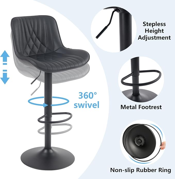 YOUTASTE Black Bar Stools Set of 2, Adjustable Swivel Faux Leather Counter Height Bar Stool, Chairs with Metal Base, 300 LBS Capability, for Home Kitchen Island