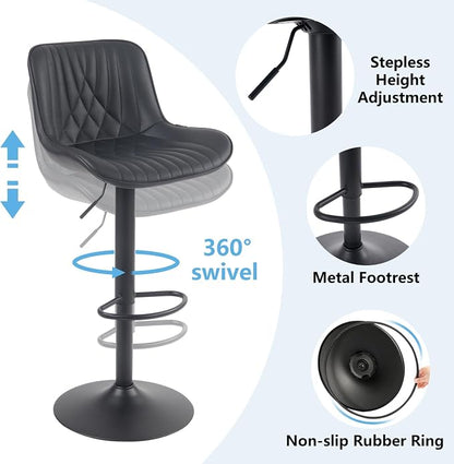 YOUTASTE Black Bar Stools Set of 2, Adjustable Swivel Faux Leather Counter Height Bar Stool, Chairs with Metal Base, 300 LBS Capability, for Home Kitchen Island