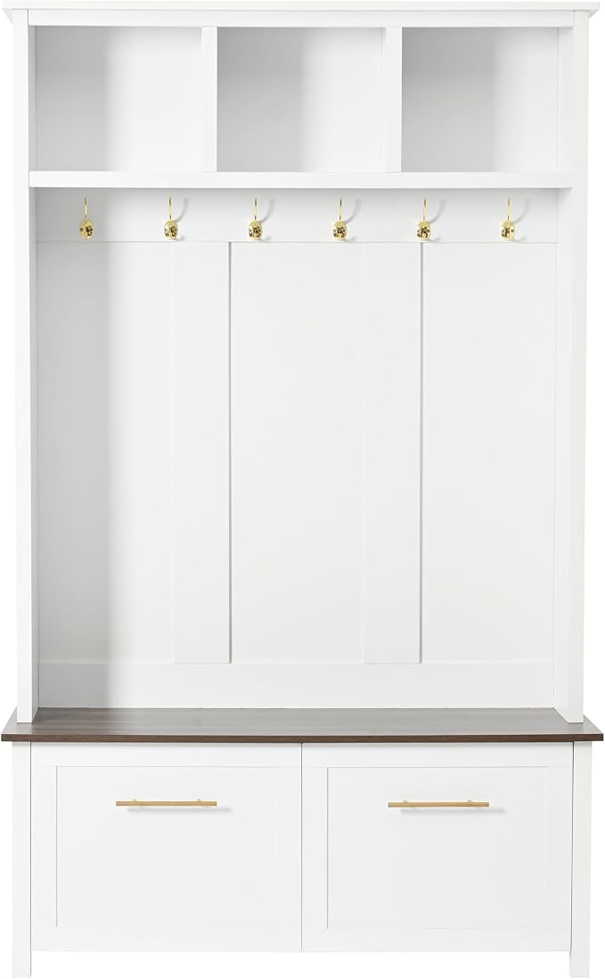Merax Modern 4-in-1 Storage Hall Tree with Bench, Versatile Multiple Space with 6 Golden Hooks, 2 Drawers, Entryway Coat Rack for Living Room, Hallway, White