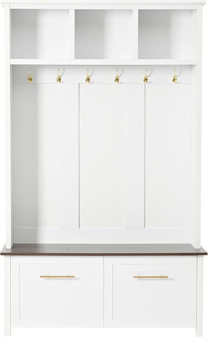 Merax Modern 4-in-1 Storage Hall Tree with Bench, Versatile Multiple Space with 6 Golden Hooks, 2 Drawers, Entryway Coat Rack for Living Room, Hallway, White