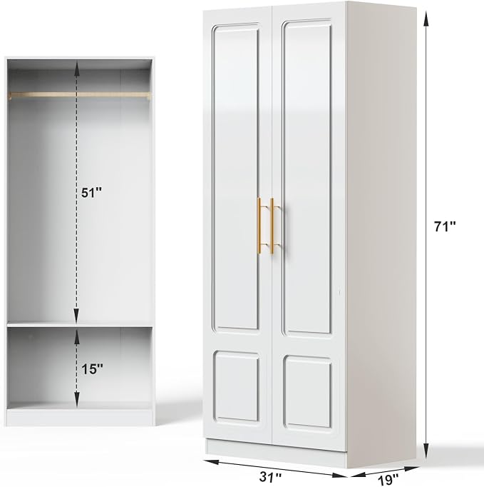 Double Door White Armoire with Hanging Rod – 71" H x 31" W x 19" D, Modern Freestanding Wardrobe Closet for Bedroom, Sturdy Metal Handles