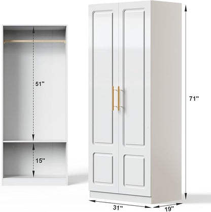 Double Door White Armoire with Hanging Rod – 71" H x 31" W x 19" D, Modern Freestanding Wardrobe Closet for Bedroom, Sturdy Metal Handles