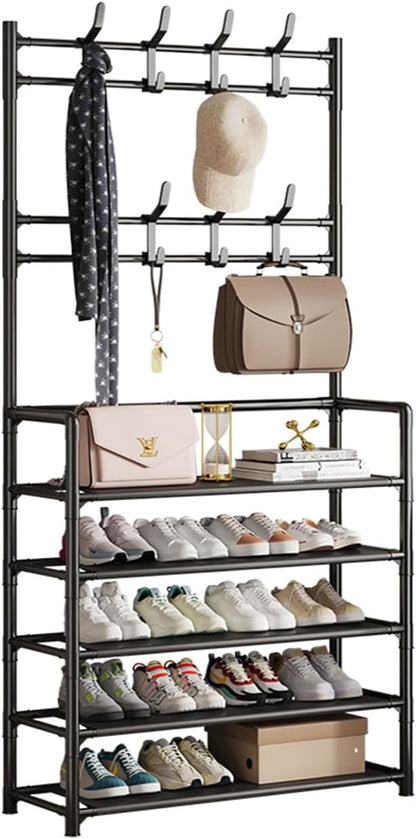 ikaufen 5-Tier Entryway Coat Rack Shoe Shelf, 2-in-1 Hall Tree with 8 Hooks, Thickened Plastic Storage Organizer for Shoes, Bags, Hats (Black/White) (Black)