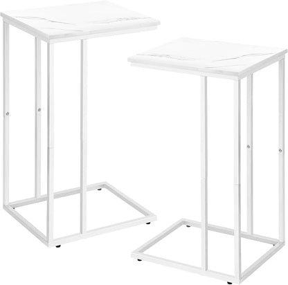 Possile C Shaped End Table Set of 2 for Sofa and Bed, Slide Under Couch Tables, Side Table With Faux Marble Top, Small Under Table Tray for Living Room, Bedroom, White