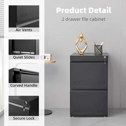 Approgreent 2 Drawer File Cabinets for Home Office, Vertical File Cabinet with Lock, Office Cabinet for A4/Letter/Legal Size, Under Desk Filing Cabinet, Assembly Required(Black)