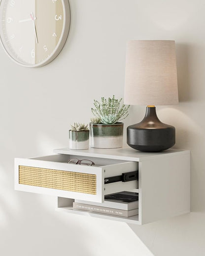 Small Modern Nightstand with Drawer, Floating Shelves for Bedroom, Bathroom (White Rattan)