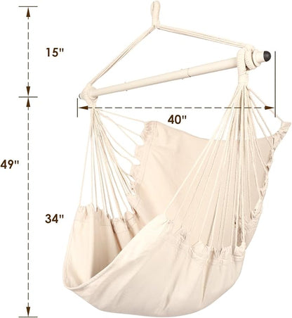 Highwild Hammock Chair Hanging Rope Swing - Max 500 Lbs - Steel Spreader Bar with Anti-Slip Rings - for Any Indoor or Outdoor Spaces (Beige)