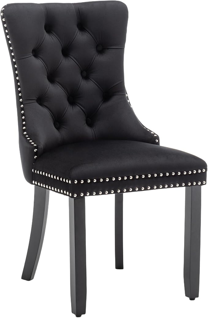 Single Black Dining Chair Mid Century Modern Dining Chair Velvet Upholstered Dining Room Chair Farmhouse Dining Accent Chair with High Back and Nailhead Trim for Kitchen, Living Room, Bedroom