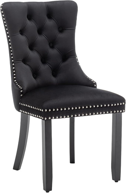 Single Black Dining Chair Mid Century Modern Dining Chair Velvet Upholstered Dining Room Chair Farmhouse Dining Accent Chair with High Back and Nailhead Trim for Kitchen, Living Room, Bedroom
