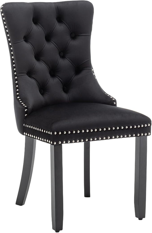 Single Black Dining Chair Mid Century Modern Dining Chair Velvet Upholstered Dining Room Chair Farmhouse Dining Accent Chair with High Back and Nailhead Trim for Kitchen, Living Room, Bedroom