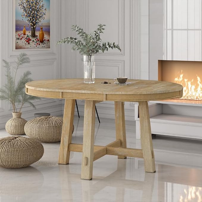 LUMISOL 42"-58" Extendable Round Dining Table for 4-8, Farmhouse Oval Kitchen Table with Removable Leaf, Solid Wood Dinner Tables for Kitchen, Dining Room, Small Space, Natural