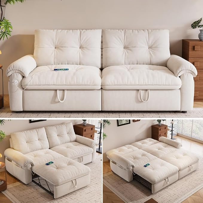 77.2'' Pull Out Couch Full Size, Pre-Assembled Sleeper Sofa Bed, Flannel Convertible Futon Sofa Bed with Adjustable Backrest, USB, Side Pocket, Loveseat for Living Room, Apartment, Beige