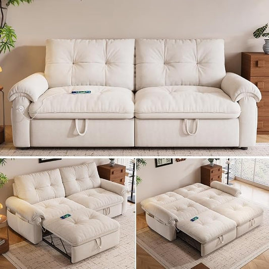 77.2'' Pull Out Couch Full Size, Pre-Assembled Sleeper Sofa Bed, Flannel Convertible Futon Sofa Bed with Adjustable Backrest, USB, Side Pocket, Loveseat for Living Room, Apartment, Beige