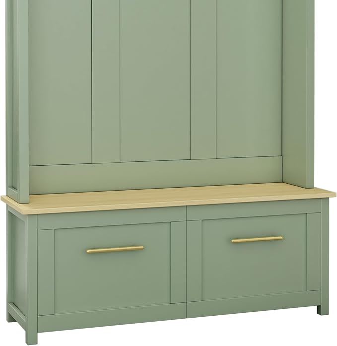 Merax Versatile 4-in-1 Hall Tree with 6 Golden Hooks, Wood Grain Bench with Multiple Storage Space, Entryway Coat Rack with 2 Drawers for Living Room, Hallway, Mint Green