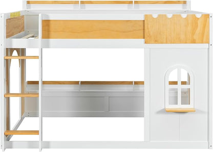 Full Over Full Bunk Bed with Storage Shelves,Window and Two Doors,for Kids Teens Adults Use (White+Natural-Doors, Full Over Full)