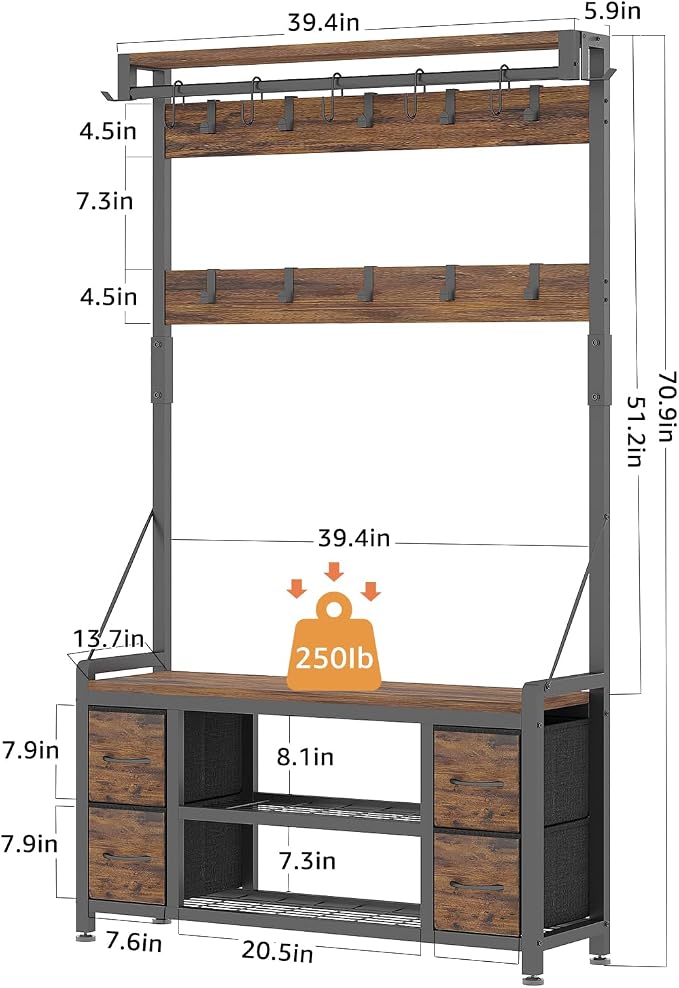 39" Hall Tree with Storage Coat Rack freestanding Entryway Furniture Bench, 5 in 1 Design Front Door Shoe Rack and Wall Rack Hooks, and 4 Drawers (Rustic Brown)