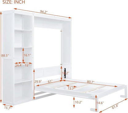 Merax Space-Saving White Murphy Bed Queen Size with Adjustable Storage Shelves, Multifunctional Foldable Wall Bed for Small Spaces Studio Study Office Guest Room
