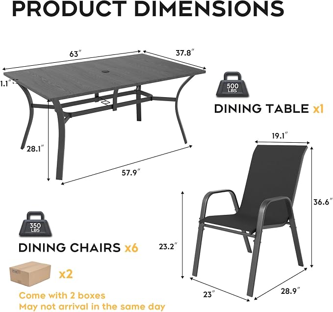 Outdoor Dining Set for 6, 7pcs Patio Table and Chairs Set with Adjustable Umbrella Hole,Heavy Duty 63”x37.8” Metal Dining Table and Stackable Patio Chair for Yard, Garden, Porch