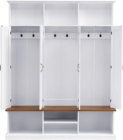 62.2" W Hall Tree with Bench and Shoe Storage,Shoe and Coat Rack with Cabinets and Hooks,Farmhouse Furniture for Entryway,Mudroom,Living Room,White