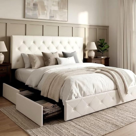 Allewie King Size Platform Bed Frame with 4 Storage Drawers and Headboard/Upholstered Diamond Stitched Button Tufted/Wooden Slats Support/Mattress Foundation/No Box Spring Needed/White