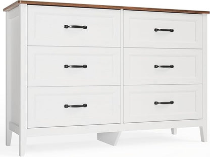 Gizoon Dresser for Bedroom Set of 2, Include 6 Drawer Dresser & 7 Chest of Drawers, White Finish with Rustic Wood Top, with Metal Pull Handles, Anti-Tip Design, Modern Bedroom Furniture Set