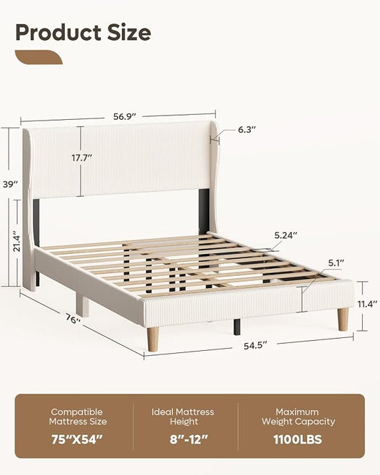 Bestier Full Bed Frame with Wingback Headboard,Upholstered,Beige | No Box Spring Needed,Easy Assembly,Wingback Headboard,No Squeaks,Vertical Channel Corduroy Upholstered,Wooden Slats Support