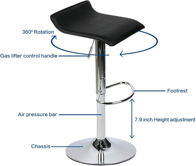 Set of 2 Barstool, Adjustable Swivel Bar Stools with PU Leather and Chrome Base, Gaslift Pub Counter Chairs, Black