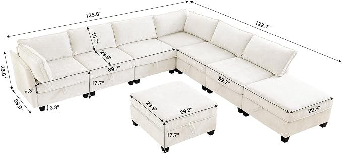 ORRD Oversize Corner Modular Sectional Sofa Set, Convertible L Shaped Couch with Storage, 8 Seater Sofa Modular with Ottomans and Reversible Chaise for Living Room, Office (Beige)