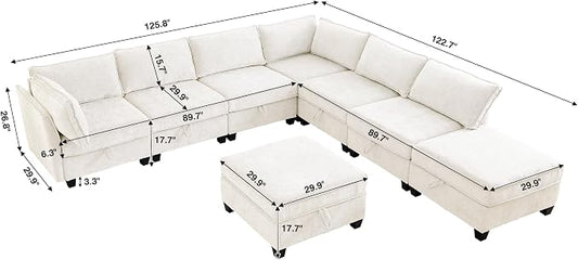 ORRD Oversize Corner Modular Sectional Sofa Set, Convertible L Shaped Couch with Storage, 8 Seater Sofa Modular with Ottomans and Reversible Chaise for Living Room, Office (Beige)