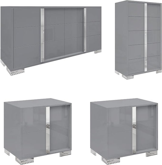 AMERLIFE 4 Piece Bedroom Dresser Set, Modern High Gloss UV Finish, 2 Nightstands, Chest of 5 Drawers & 6-Drawer Dresser, Electroplated Metal Handles, Bedroom Furniture Set, Grey