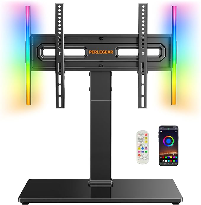 Perlegear Universal Swivel TV Stand with LED Lights for 30–70 inch TVs, Height Adjustable Table Top TV Stand with Tilt, Tempered Glass Base, Holds up to 88 lbs, Max VESA 400x400mm, PGTVS32B