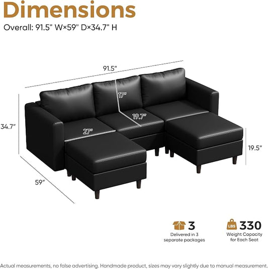 ABCASA Faux Leather U Shaped Modular Sectional Sofa 91.5", 5 Seater Couch with Movable Ottoman Deep Seat and Storage Seat with Removable Cover for Living Room, Apartment - Black