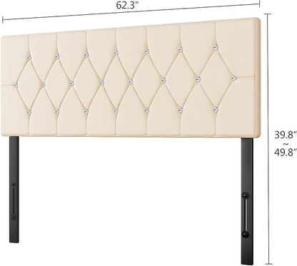 VECELO Tufted Upholstered Headboard Queen Size, with 6 Adjustable Height from 39.8" to 49.8", Button Diamond Design, Easy Assembly, Beige