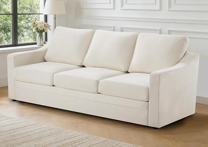 83” Chenille 3 Seats Sofa w/Comfortable Back Cushions, Beige | Modern Couch w/Deep Seat Space, Upholstered 3 Seater Sofa w/High Resiliency Foam for Living Room