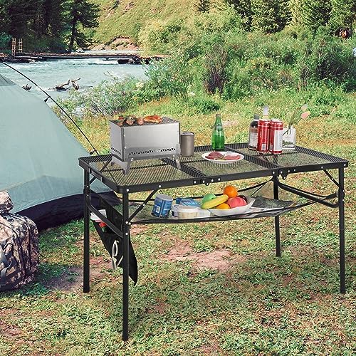 REDCAMP 48x24 Long Folding Grill Table for Outside, Lightweight Portable Double Layer Metal Aluminum Outdoor Grill Table with Adjustable Height Legs, Great for Camping Picnic Cooking BBQ, Black 4ft