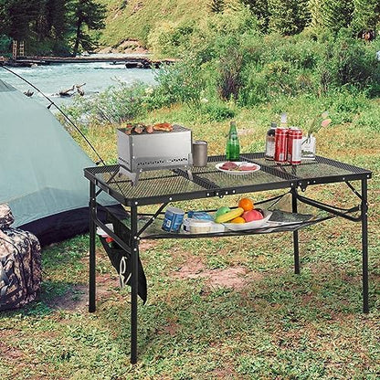 REDCAMP 48x24 Long Folding Grill Table for Outside, Lightweight Portable Double Layer Metal Aluminum Outdoor Grill Table with Adjustable Height Legs, Great for Camping Picnic Cooking BBQ, Black 4ft