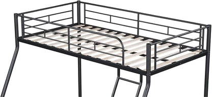 EMKK Low Metal Bunk Beds Twin Over Full Size, Heavy Duty Bunk Bed for Teens Adults with Ladder & High Guardrails, Space Saving Metal Bunk Bed for Dorm, Bedroom, Apartment, No Box Spring Needed