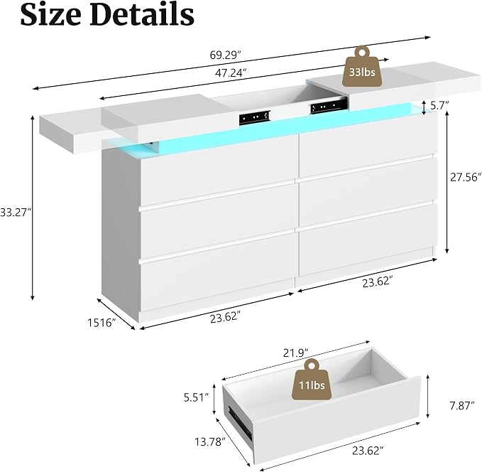 6 Drawer Dresser for Bedroom White Dresser with Hidden Sliding Desktop | Modern Double Wood Chest of Drawers for Closet w/ Charging Station LED RGB Lights Organizer Cabinet TV Stand for Living Room