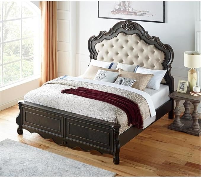BOWERY HILL 6-Piece Queen Panel Wood Bedroom Set, Multi-Step Molasses Finish, Hardwood Solids and Veneers, Button-Tufted Headboard, Antique-Style Drawer Pulls, Traditional Design Furniture Set for