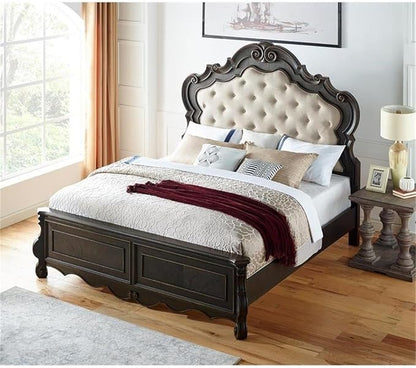 BOWERY HILL 6-Piece Queen Panel Wood Bedroom Set, Multi-Step Molasses Finish, Hardwood Solids and Veneers, Button-Tufted Headboard, Antique-Style Drawer Pulls, Traditional Design Furniture Set for