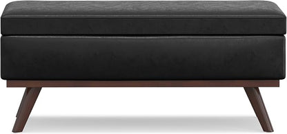 SIMPLIHOME Owen Lift Top Coffee Table Storage Ottoman - 42 inch Wide Upholstered Vegan Leather Rectangular Lift-Top Ottoman in Distressed Black, Mid-Century Modern Ottoman for Living Room