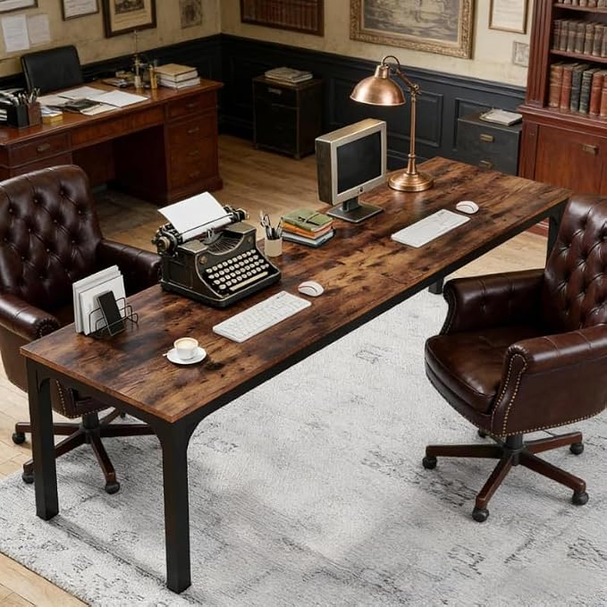 Practical Computer Desk,Rectangle Conference Table,Executive Desk(Only Table) (Black + Rustic Brown + MDF+Iron)