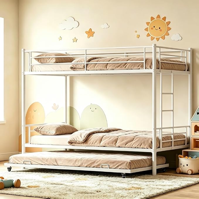 Metal Triple Bunk Bed, Twin Over Twins with Trundle, Heavy Duty Beds Frame with Ladder and Safety Rails for Small Bedroom, Space-Saving Noise Free (White)
