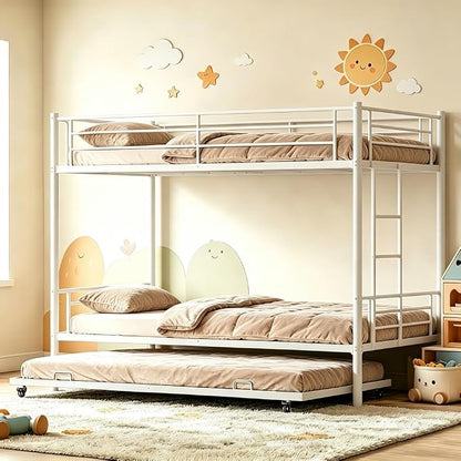 Metal Triple Bunk Bed, Twin Over Twins with Trundle, Heavy Duty Beds Frame with Ladder and Safety Rails for Small Bedroom, Space-Saving Noise Free (White)