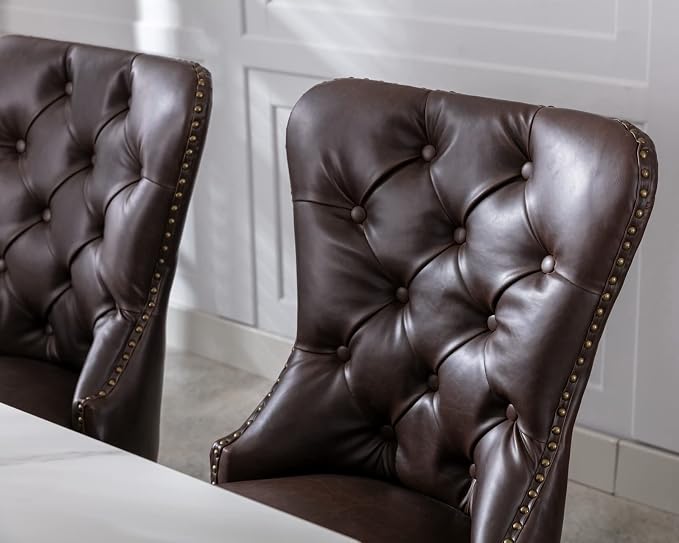CIMOTA Dark Brown Leather Dining Chairs Set of 4 Mid Century Modern Dining Room Chairs Tufted Upholstered Kitchen Dining Chairs Comfortable Side Chairs with Nailhead Trim/Ring Back (PU Espresso/4PCS)