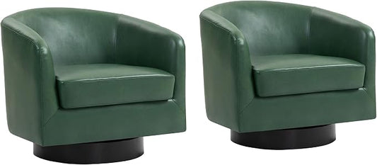 Faux Leather Swivel Barrel Accent Chairs Set of 2, Comfy Club Chair Upholstered Round Armchair for Lving Room, Green