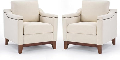 HAOMARKETS Vintage Upholstered Armchair Set of 2 with Nailhead Trim and Solid Wood Legs, Comfortable Accent Chair for Living Room & Bedroom, Beige