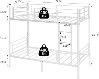 Bunk Bed Twin Over Twin with Ladders and Guardrail,Metal Bunk Bed Frame | Heavy Duty Metal Bunk Beds,400 lbs Capacity,Space Saving Furniture for Bedroom Dorm,No Spring Box Required,White