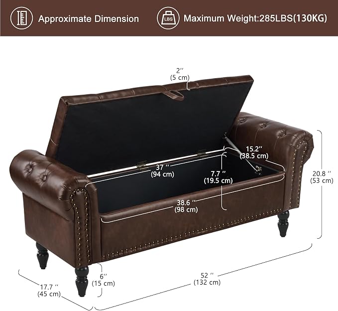 Furniliving 51” End of Bed Storage Bench, Bedroom Bench with Button-Tufted, Upholstered Storage Ottoman Benches Window Bench with Storage, Leather Bench for Living Room, Entryway, PU, BlackBrown